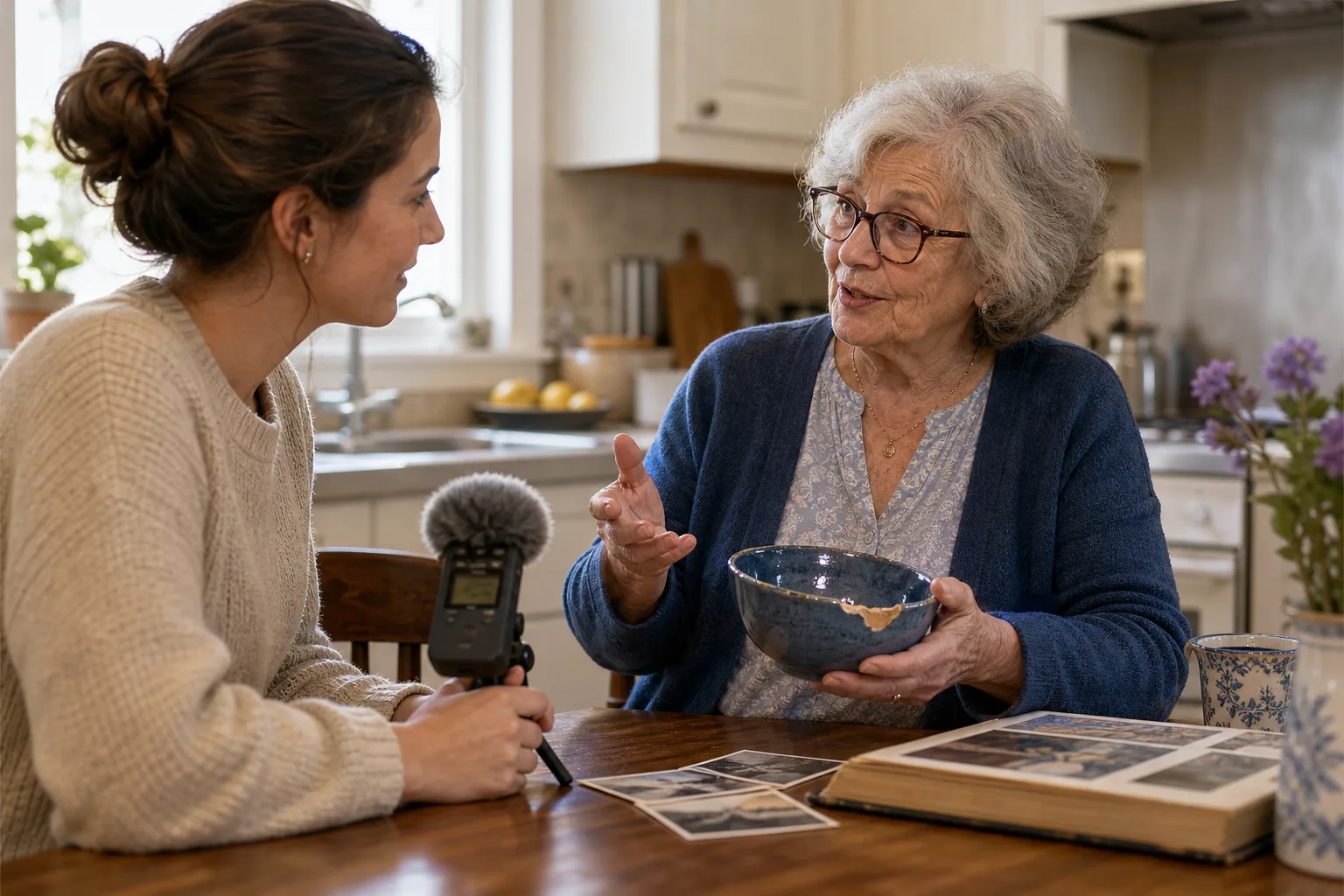 Older woman holding a chipped blue bowl and talking to younger woman with recording device at wooden kitchen table