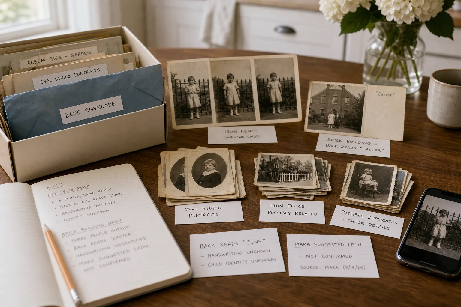 Organized old black and white photographs and labeled notes on wooden table with notebook, pencil, phone, and flowers