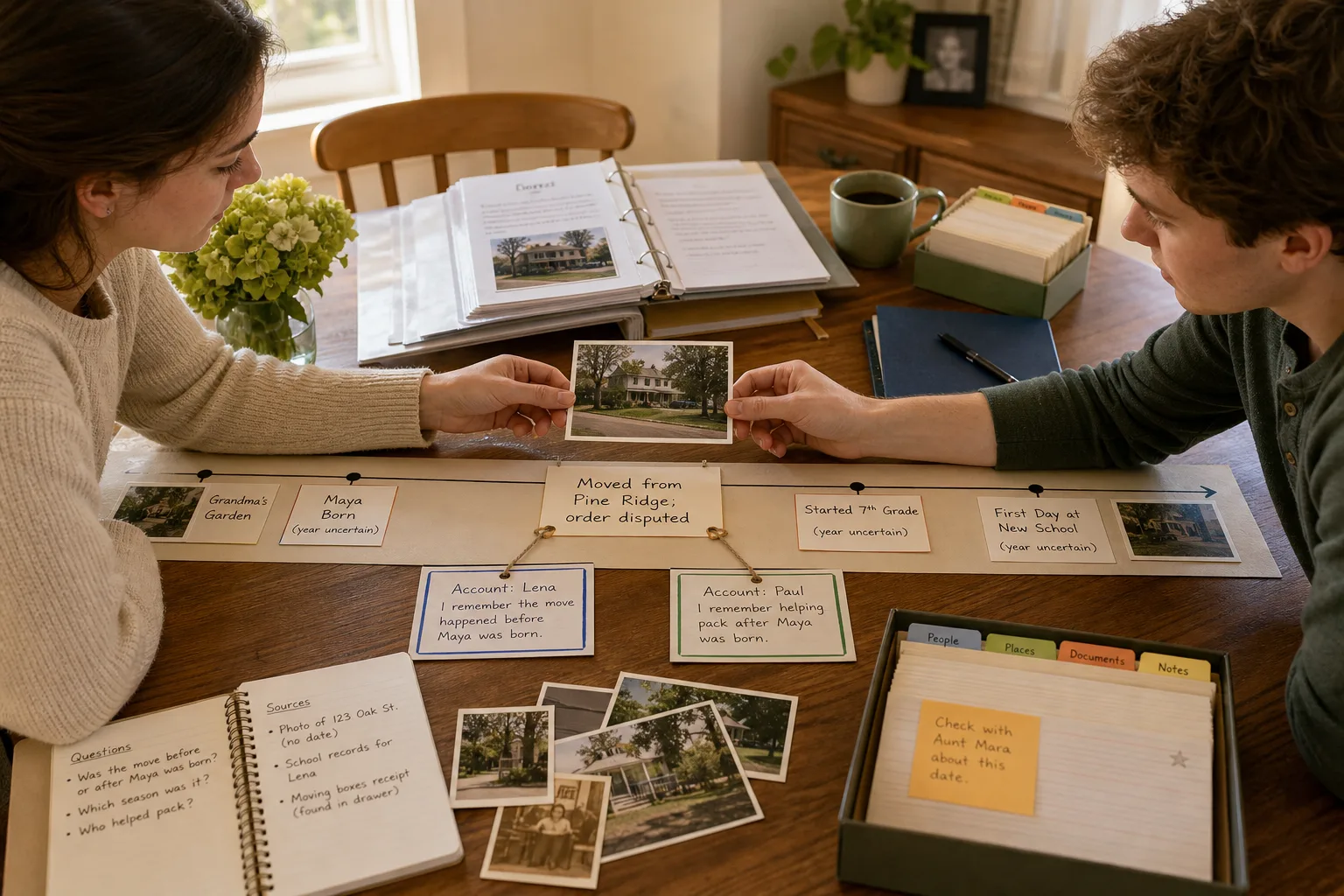 Two people sitting at a wooden table examining family timeline cards and photos in warm natural light
