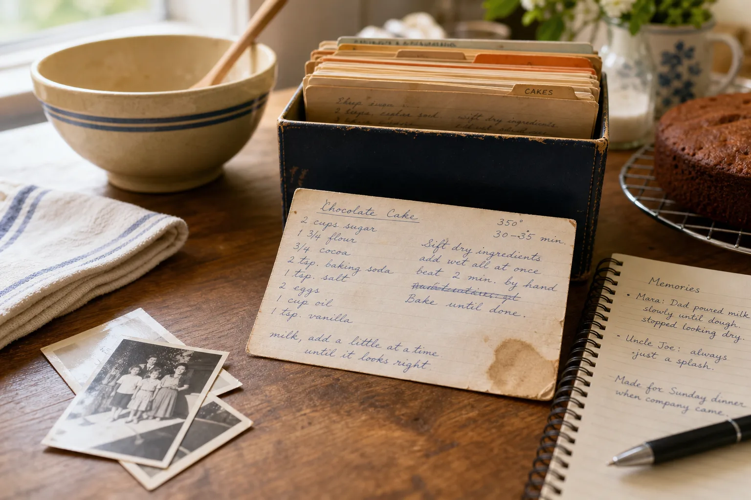 Handwritten chocolate cake recipe card propped on wooden table with vintage photos and mixing bowl