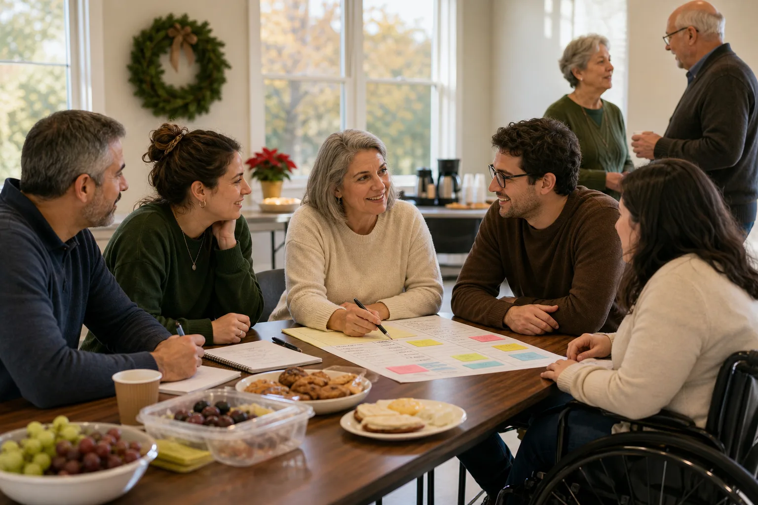 Group of diverse adults seated around table with snacks, papers, and pens in a bright room with holiday decorations